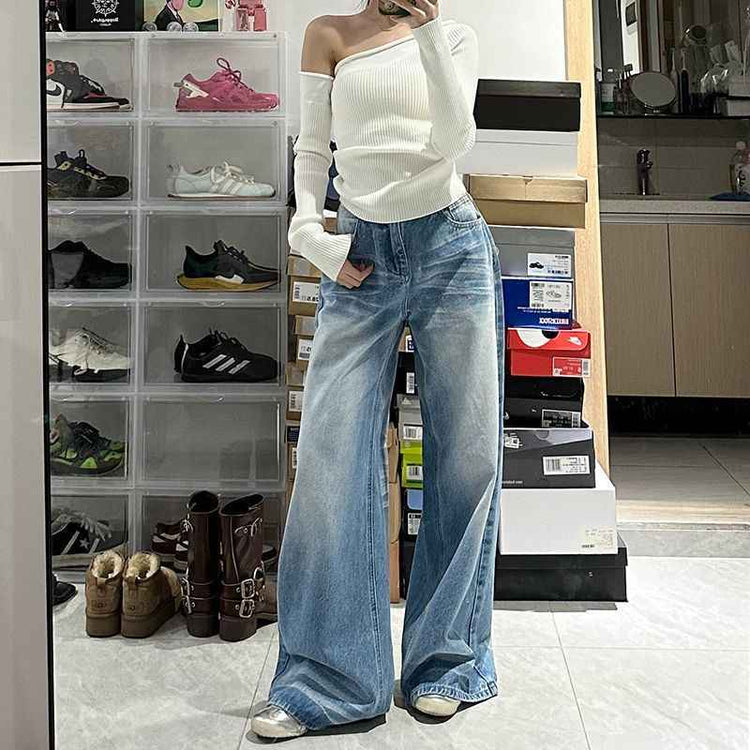 Retro Washed High Waist Rhinestone Straight Leg Jeans for Women Baggy Wide Leg Trousers