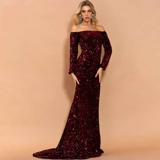 Strapless Long Sleeve Sequins Evening Dress for Parties - Perfect Strapless Sequins Evening Dress