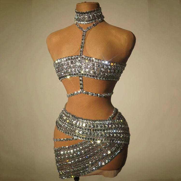 High-end Rhinestone Tube Top Vest and Fashionable Short Skirt - Florence Luxe