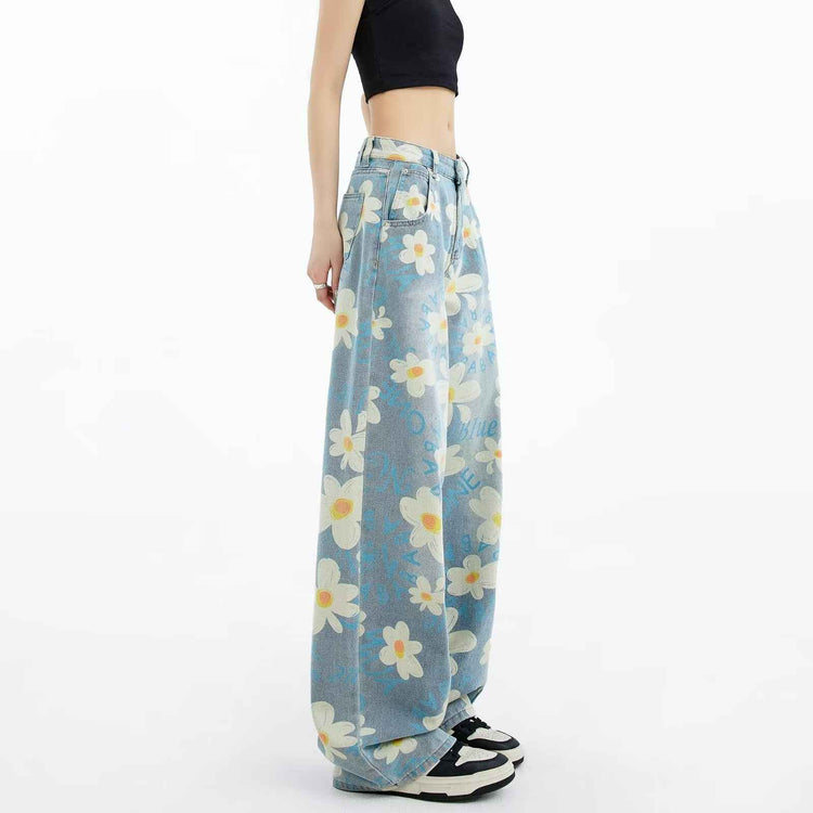 New Summer Floral Wide-Leg Jeans for Women - Washed Printed Style - Florence Luxe