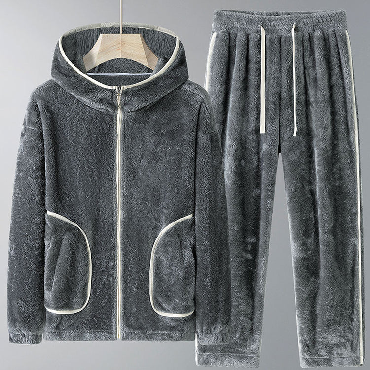 Winter Coral Fleece Heavy Velvet Thickened Zipper Cardigan Plus Size Pajamas Suit in gray.
