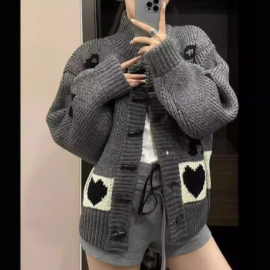 Pattern Stand Collar Knitted Coat For Women.