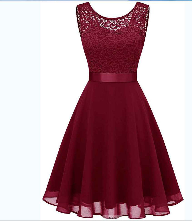 European And American Hollow Waist Solid Color Dress - Sleeveless Lace Hepburn Style