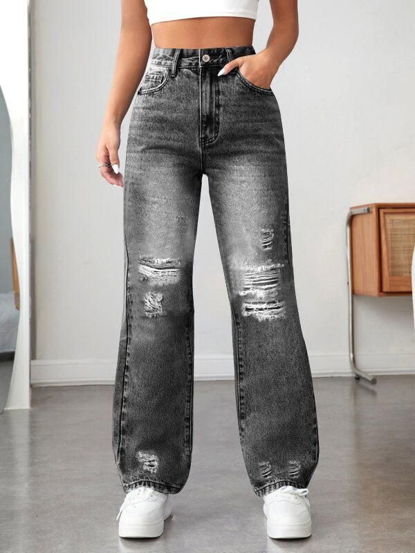 Ripped Straight Denim Trousers for Women - Loose Fitting Style - Florence Luxe