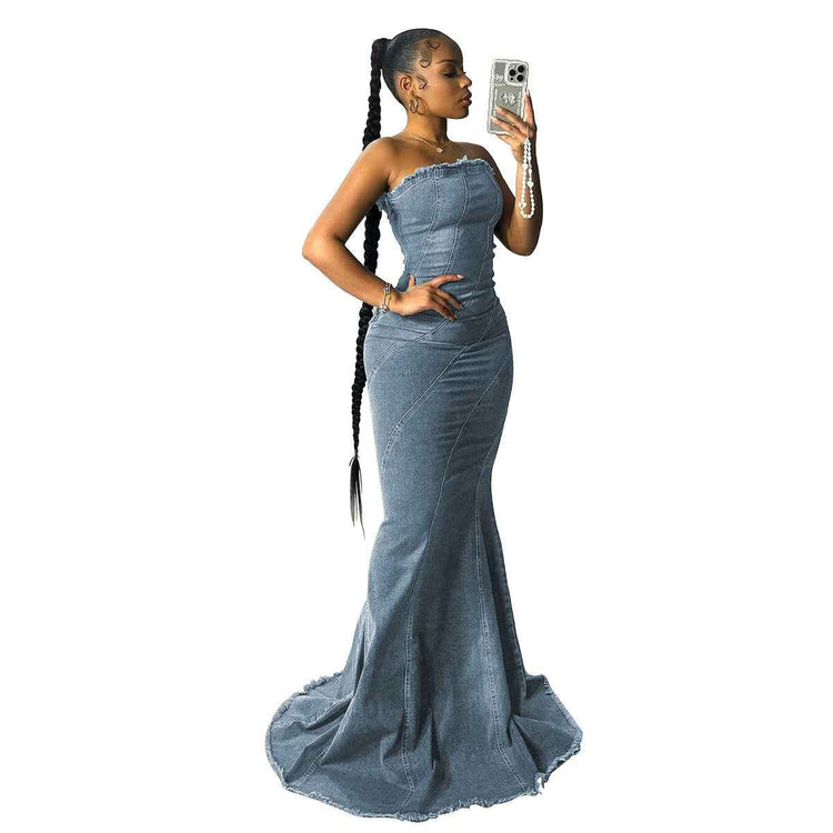 Fashion Slim-fit Chest Wrap Dress Fishtail Hip Wrap Denim Dress