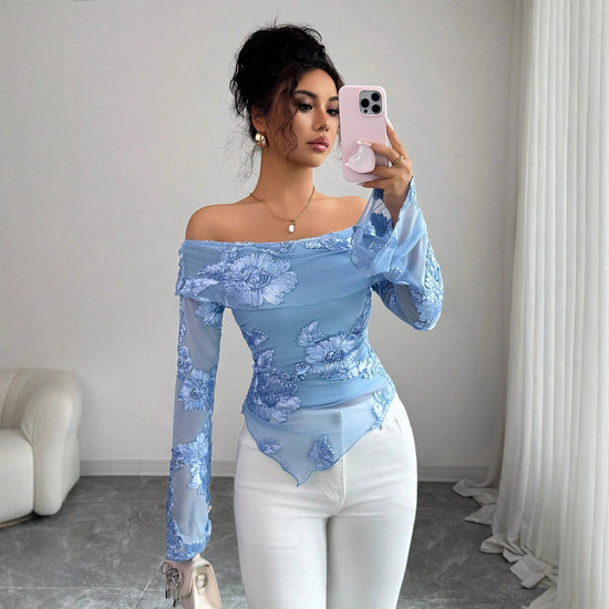 New One-shoulder Trumpet Sleeve Asymmetric Hem Embroidery Versatile Stylish Top