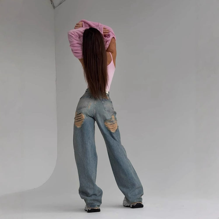 Retro Ripped High Waist Jeans with Mop Back Design - Embrace Vintage Style - Florence Luxe