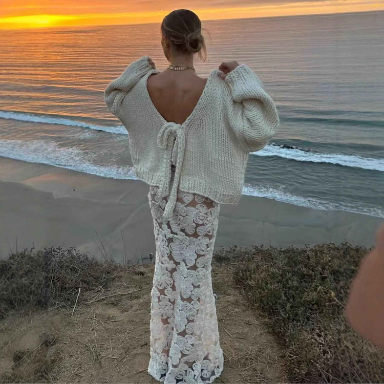 Backless Lace Up Sweater - Long Sleeve Loose Sweater for Effortless Style