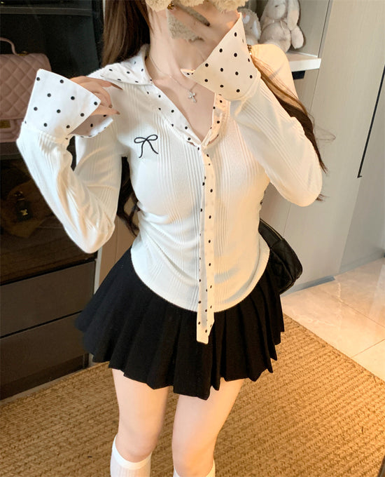 Polka Dot Patchwork Long Sleeve T-Shirt for Women - Florence Luxe