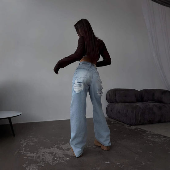 Retro Spicy High Waist Straight Mop Back Ripped Design Jeans