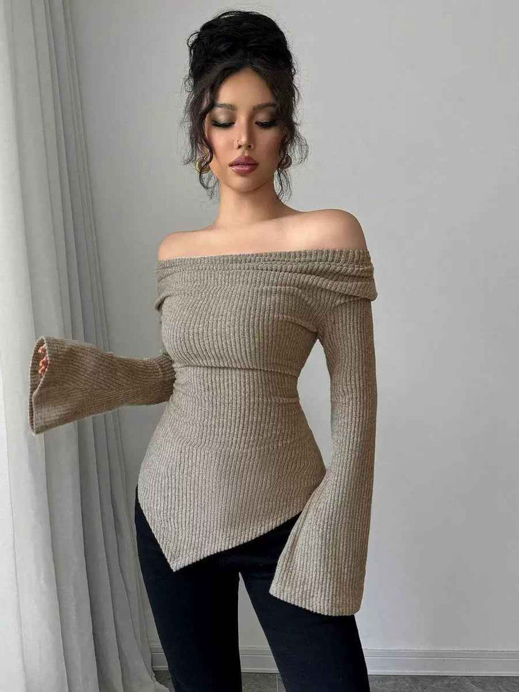 Ribbed Off-the-Shoulder Sweater - Off-the-Shoulder Ribbed Sweater for Effortless Elegance