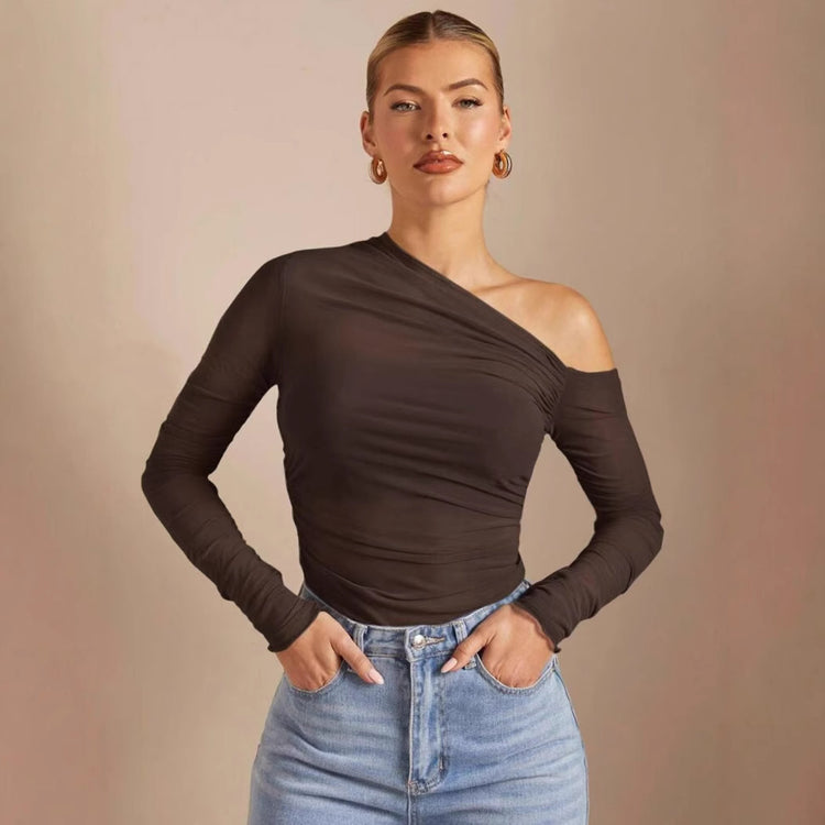 One-Shoulder Slim Mesh Top for Women - Long Sleeve Pleated Cross-Body Design - Florence Luxe