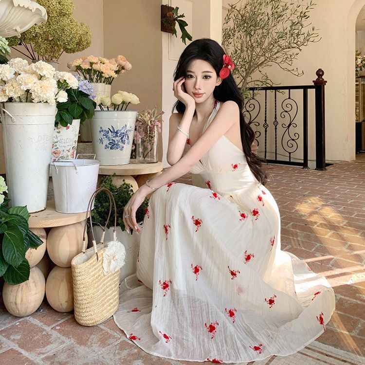 Printed Wide Hem Flowy Halter Dress - Backless Printed Jumpsuit for Women