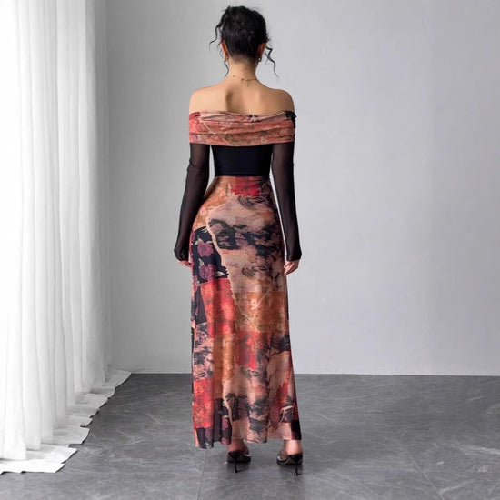 French One-Shoulder Mesh Dress with Swing Collar and Print