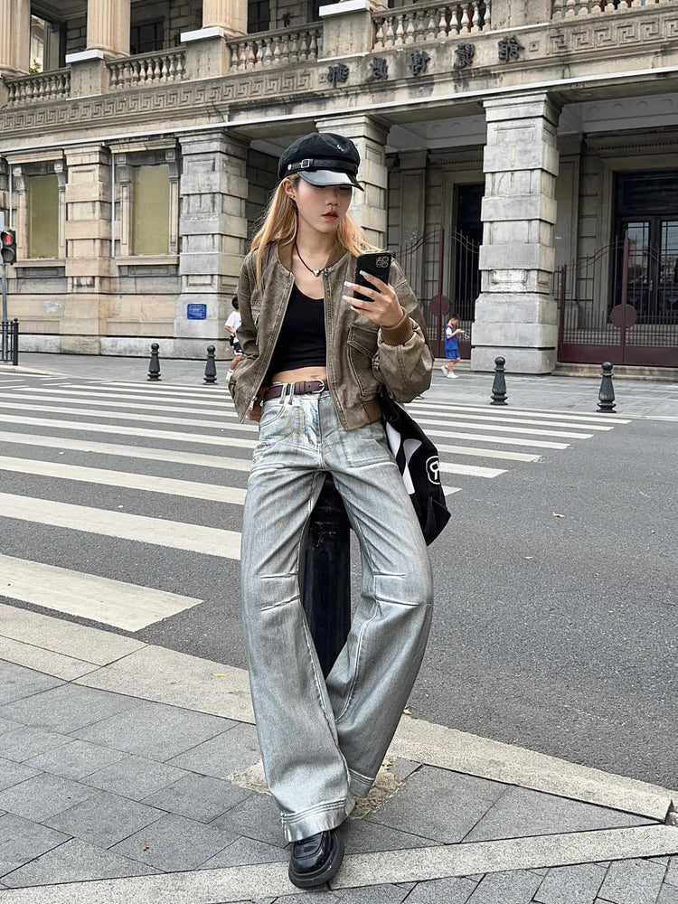 American Retro Straight Leg Jeans in Rubbing Color Distressed Style - Florence Luxe