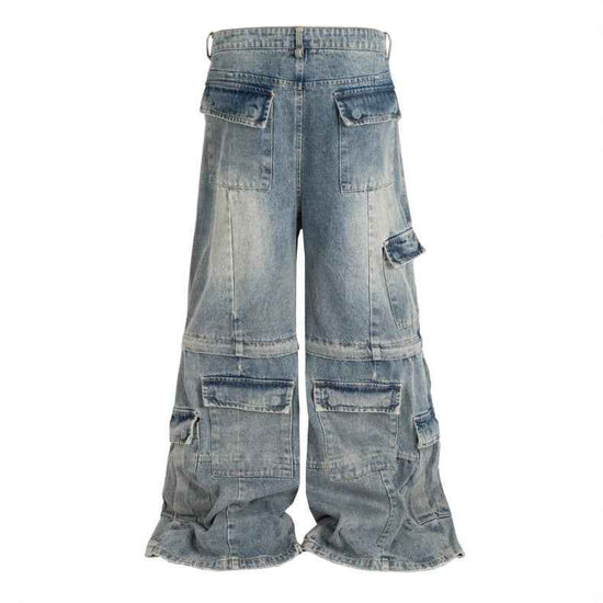 Detachable Multi-Pocket Overalls - Worn-Looking Washed-Out Two-Way Style