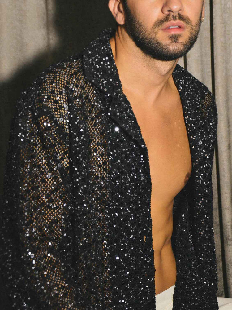 Black Sequin Sheer Open-Front Shirt With Oversized Silhouette