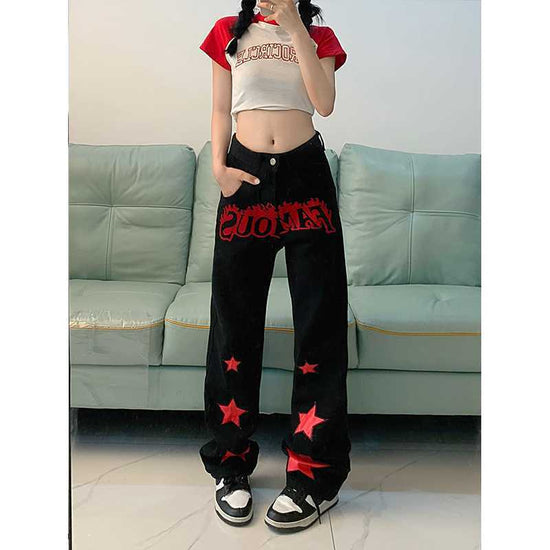 Red Star Letters Jeans For Women High Waist Casual Trousers - Florence Luxe