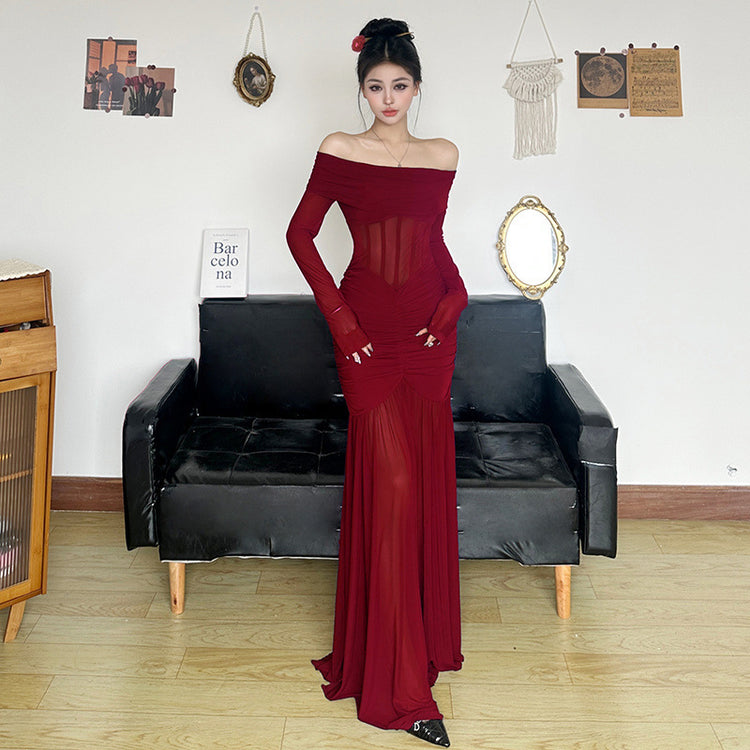 Purple Off-Shoulder Mesh Dress with Fishbone Waist Design - Florence Luxe