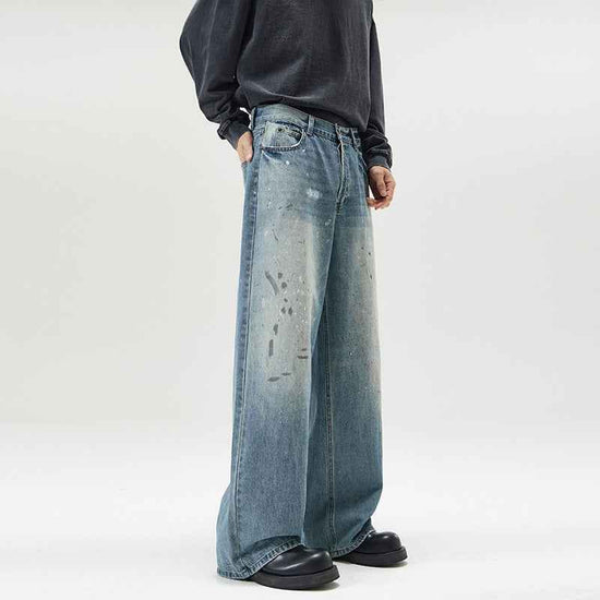 American-style Loose Jeans with Splash Ink Wash - High Street Spider Embroidery Jeans for Effortless Chic