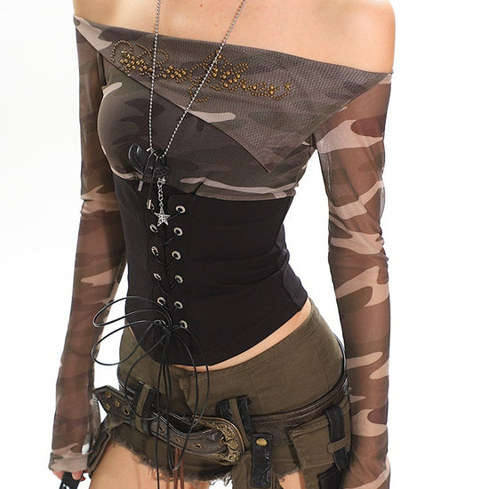 Street Hot Girl Lace Up Top with Long Sleeve Mesh and Waist Trimming - Florence Luxe