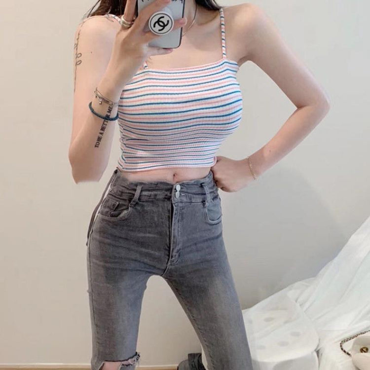 Korean Style Short Western Style Slim Fit Striped Bottoming Shirt in white and blue stripes, perfect for casual wear.