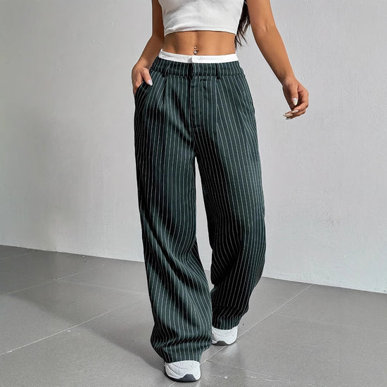 Stripe Printed Trousers Fashion High Waist Straight Leg Pants With Pocket Zipper Casual Suit Pants For Women - Florence Luxe