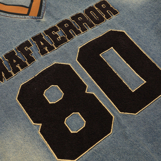 National Tide Five-pointed Star Letter Flocking Embroidered V-neck Denim Hoodie - Denim Hoodie with Star Embroidery - Florence Luxe