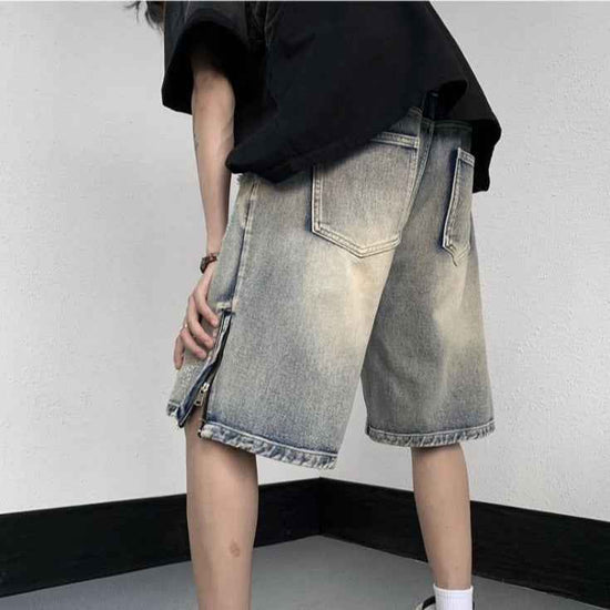 American Retro Denim Shorts Wide Leg Tattered Jeans