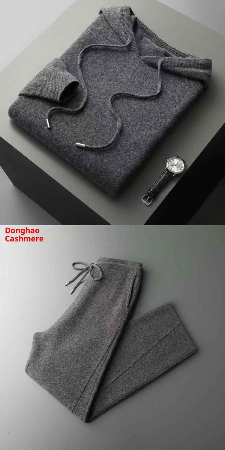 Seamless Wool Hoodie and Pants Set for Men - Pure Wool Knitted Two-Piece Set with Drawstring