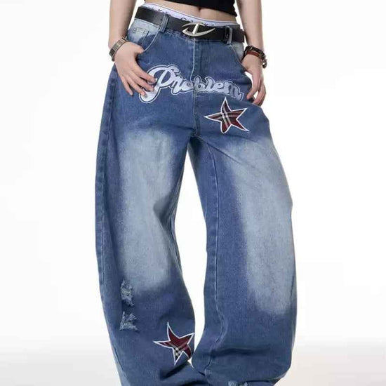 Retro Street Hot Girl Gradient Ripped Wide Leg Jeans for Women
