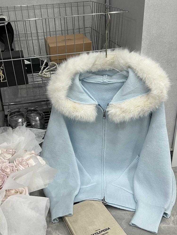 Thickened Hooded Large Fur Collar Knitted Women&