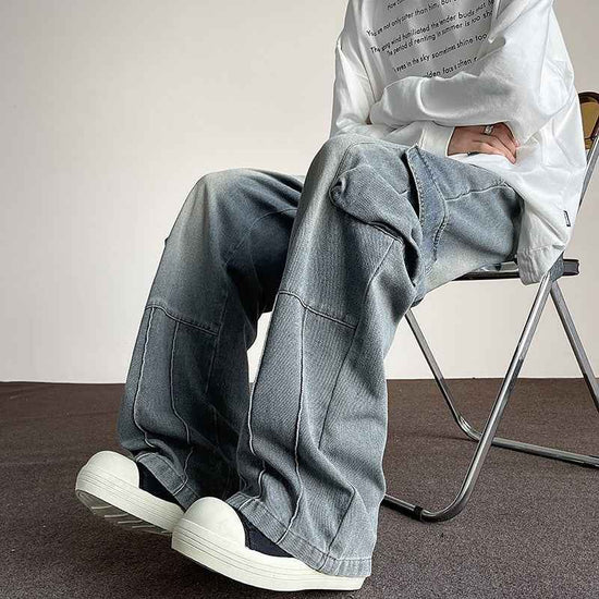 Washed Vintage Denim Wide-Leg Pants for Men with Multi-Pockets