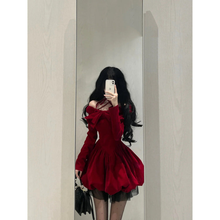 Classic Style Red Halter Velvet Dress.