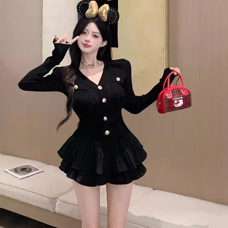 Classic Style White Pure Desire Slimming Hot Girl Suit model wearing black outfit with buttons and a ruffled skirt.