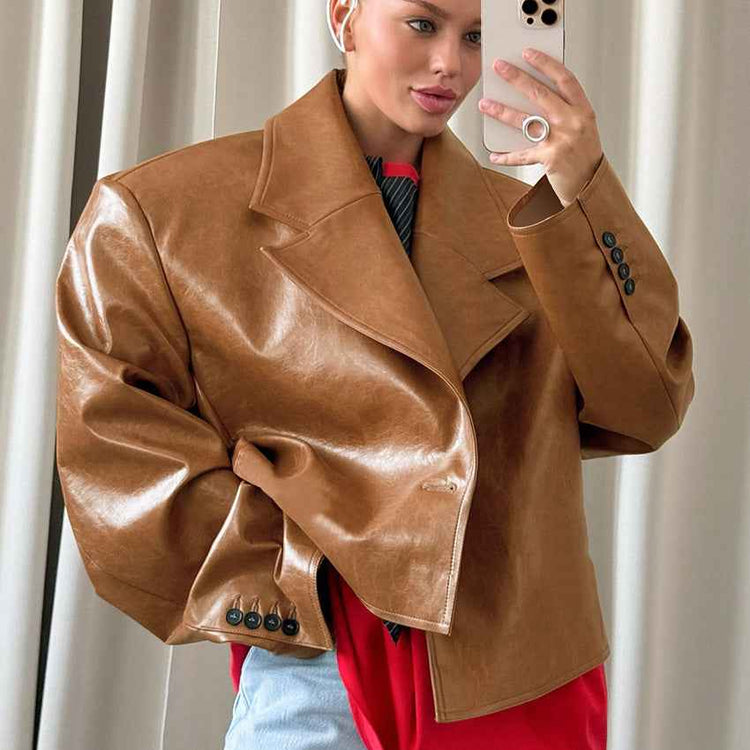 Suit Collar Leather Jacket for Women - Elegant PU Design Coat