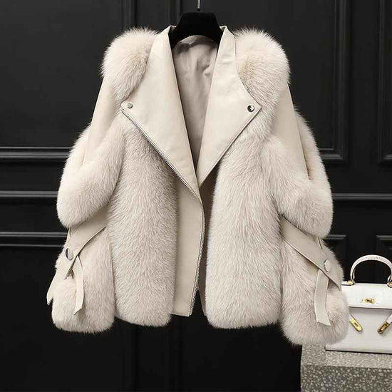 One-piece Fur Motorcycle Coat Long Wool Coat