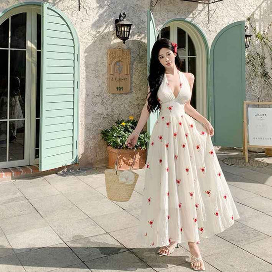 Printed Wide Hem Flowy Halter Dress - Backless Printed Jumpsuit for Women