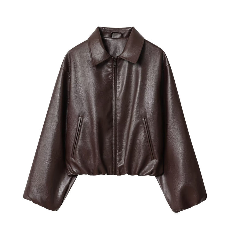 Lapel PU Zipper Jacket - Long Sleeve Baseball Uniform Jacket - Florence Luxe