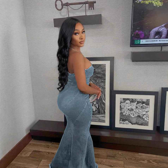 Fashion Slim-fit Chest Wrap Dress Fishtail Hip Wrap Denim Dress