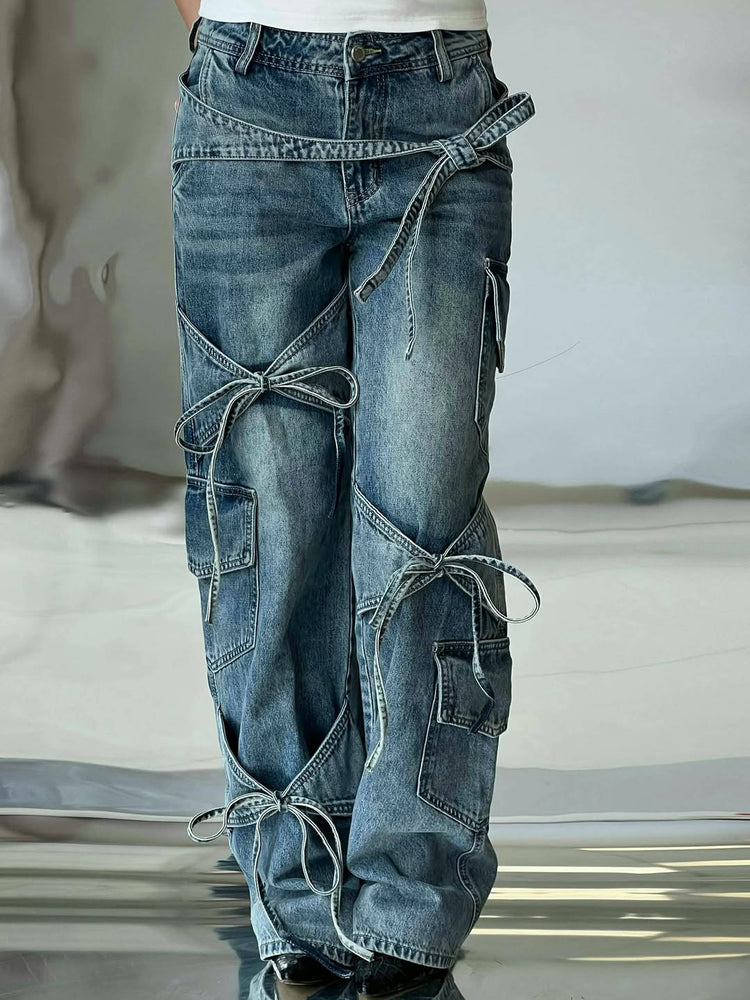 Denim Utility Jeans with Knot - Stylish and Functional Tied Elements - Florence Luxe