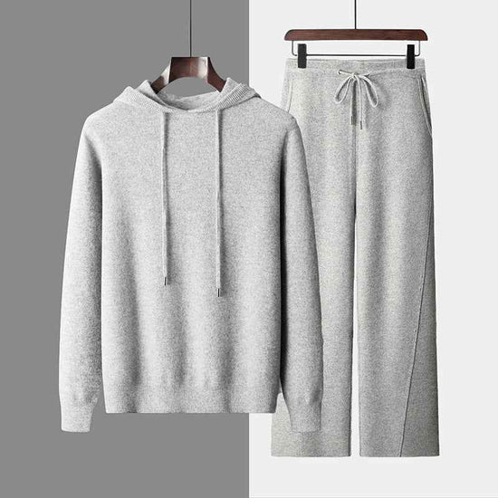 Seamless Wool Hoodie and Pants Set for Men - Pure Wool Knitted Two-Piece Set with Drawstring