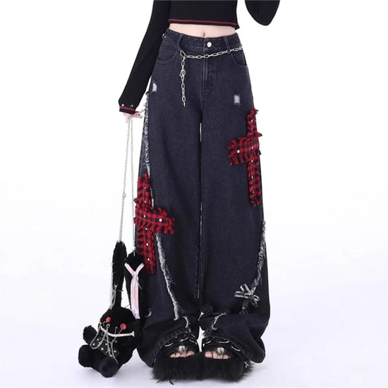 Retro Plaid Jeans with Tattered Stitching in Red