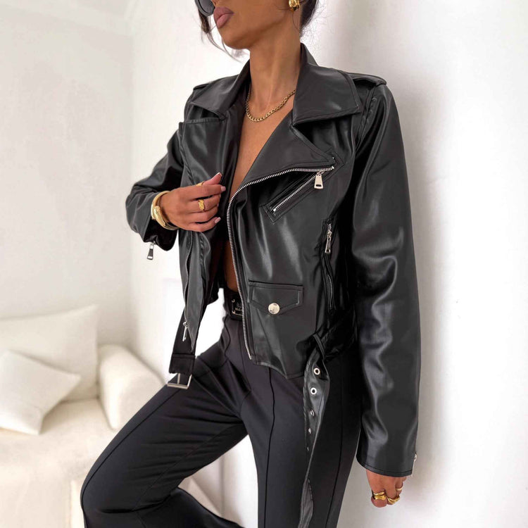 European American Polyurethane Leather Jacket Top Zip Short Coat