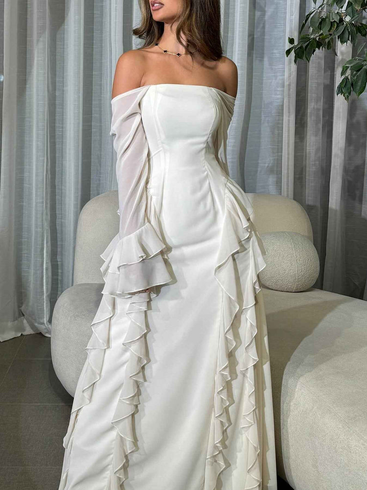 Off-the-shoulder Ruffled Long-sleeved Maxi Dress