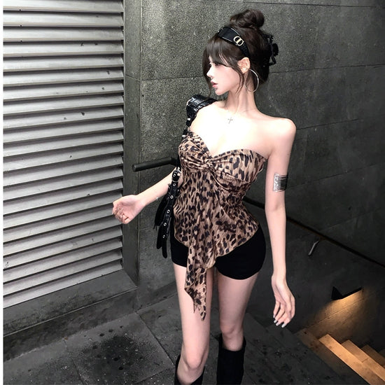 Sexy Leopard Print Back Twist Tube Top Vest