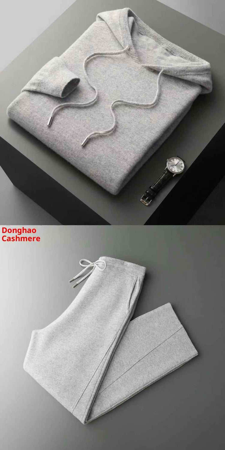 Seamless Wool Hoodie and Pants Set for Men - Pure Wool Knitted Two-Piece Set with Drawstring