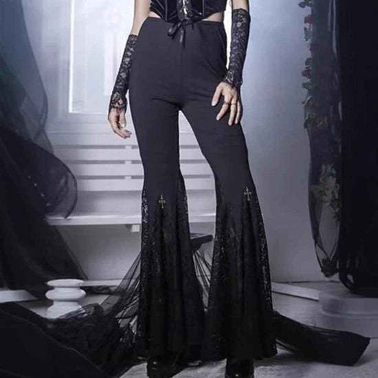 Sexy Lace Bell-Bottom Pants with Dark Style Cross Stitching