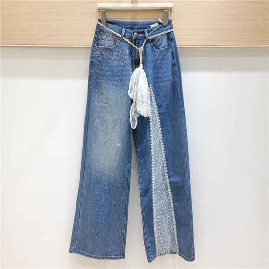Lace Stitching Rhinestone Jeans