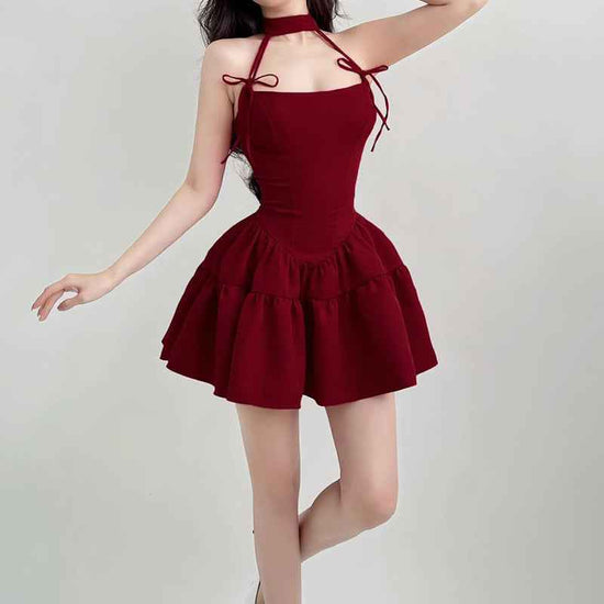 Retro Red Bow Bandage Halter Dress